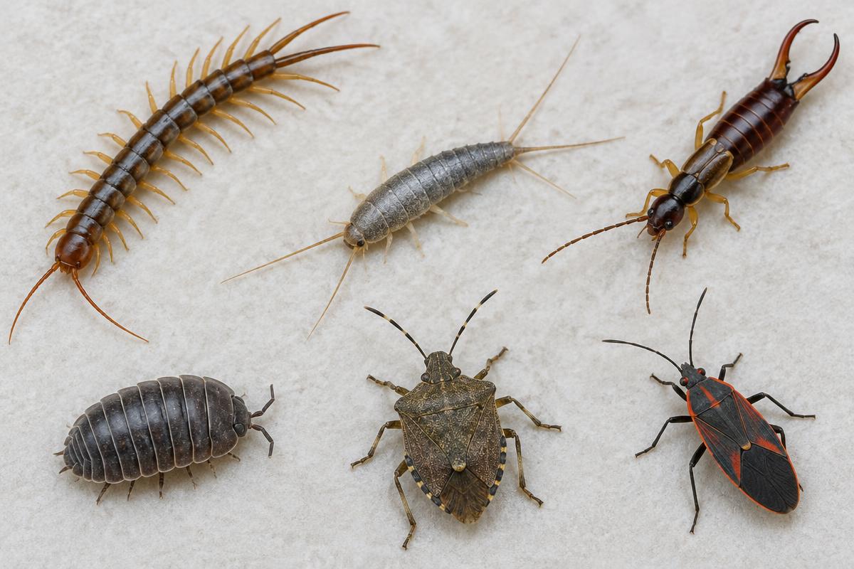 Common nuisance insects including a centipede and silverfish