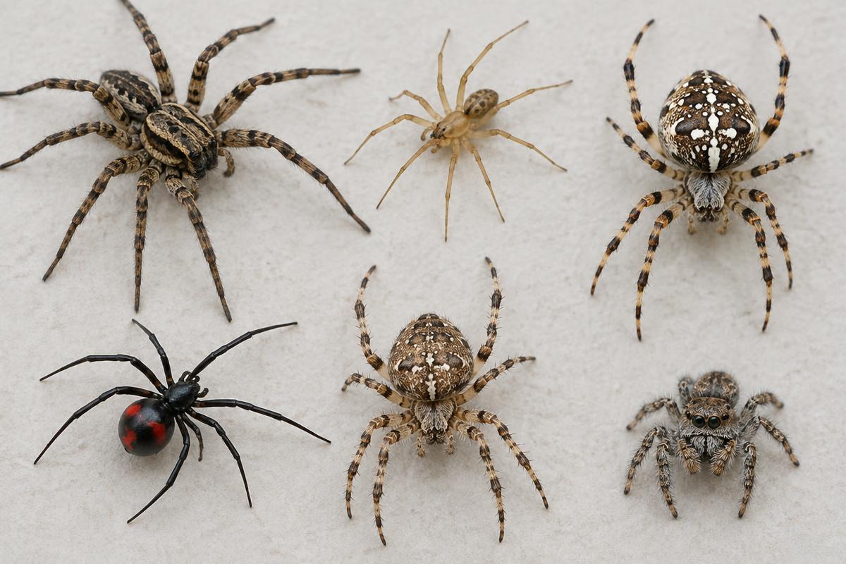 Several common spider types on a pale surface