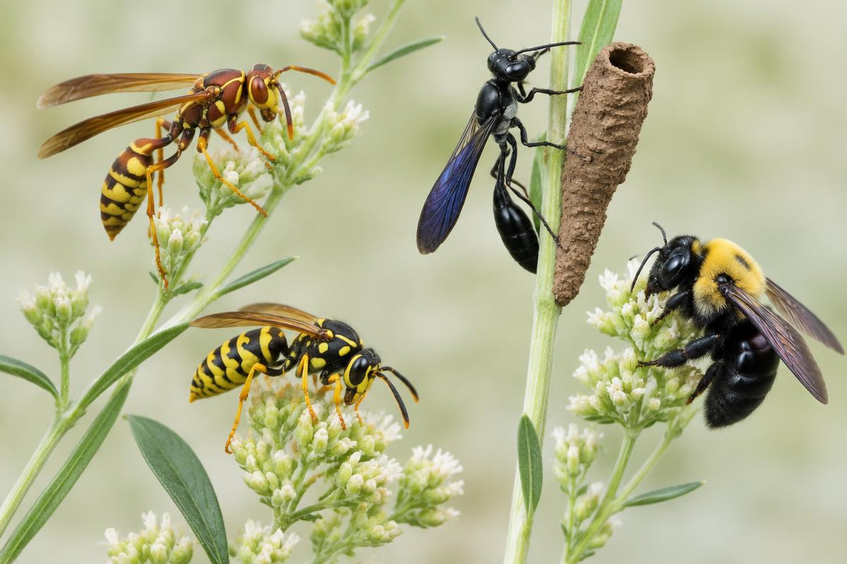 Wasps and a carpenter bee on plants